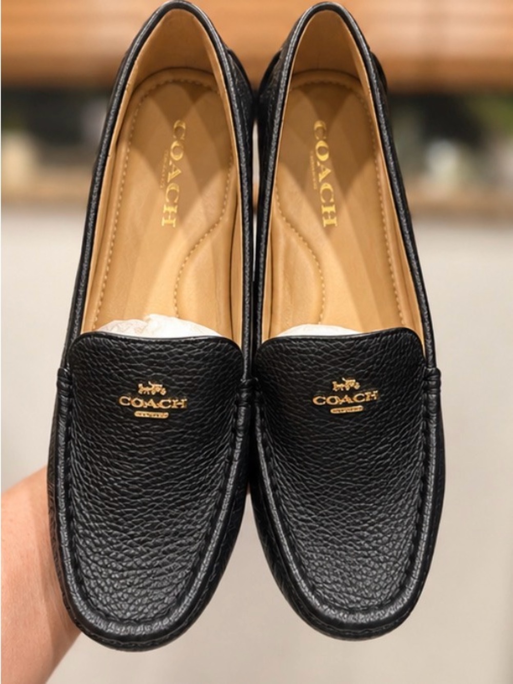Coach Black Pebbled Leather Slip-On Loafers with Gold Logo Accent